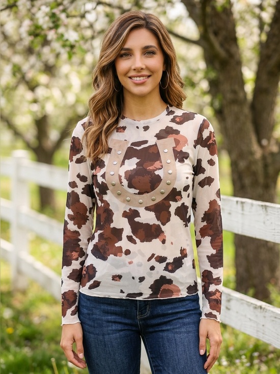 DAVI & DANI Tops - NWT DAVI & DANI Brown White Cow Camo Long Sleeve Mesh Top Studded Horseshoe